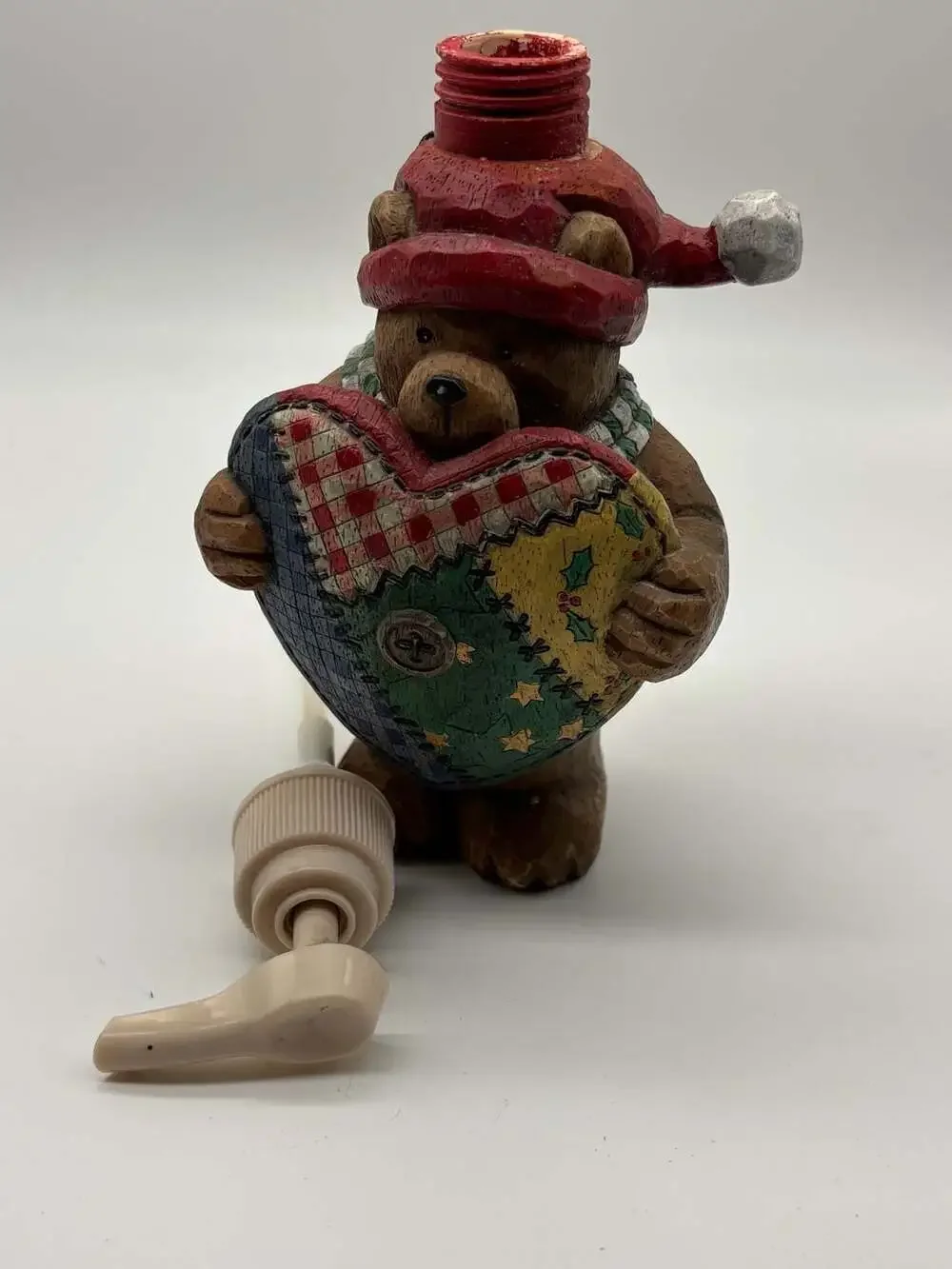 Vintage Christmas Teddy Bear Holding Patchwork Heart Soap or Lotion Dispenser